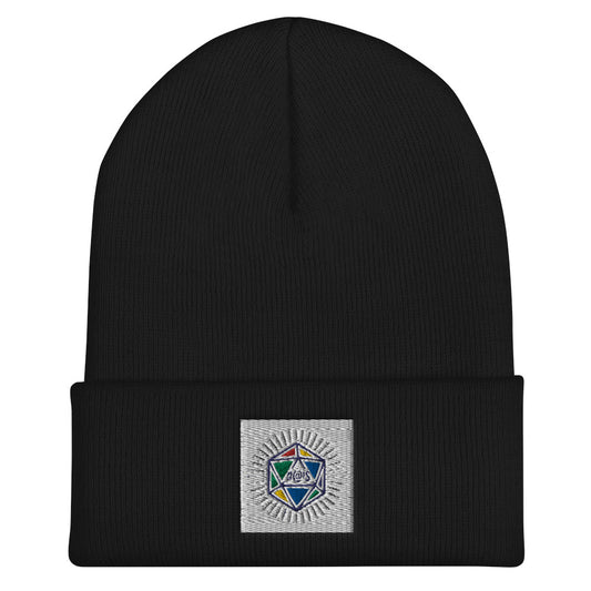 Black beanie with cuff - on cuff is a colourful die with #@!$ on it