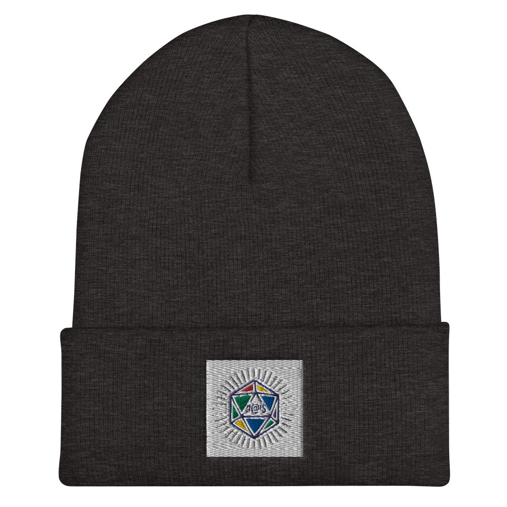 Dark Grey beanie with cuff - on cuff is a colourful die with #@!$ on it