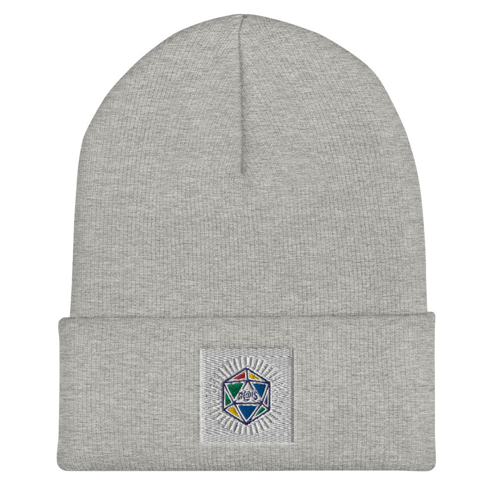 Light grey beanie with cuff - on cuff is a colourful die with #@!$ on it