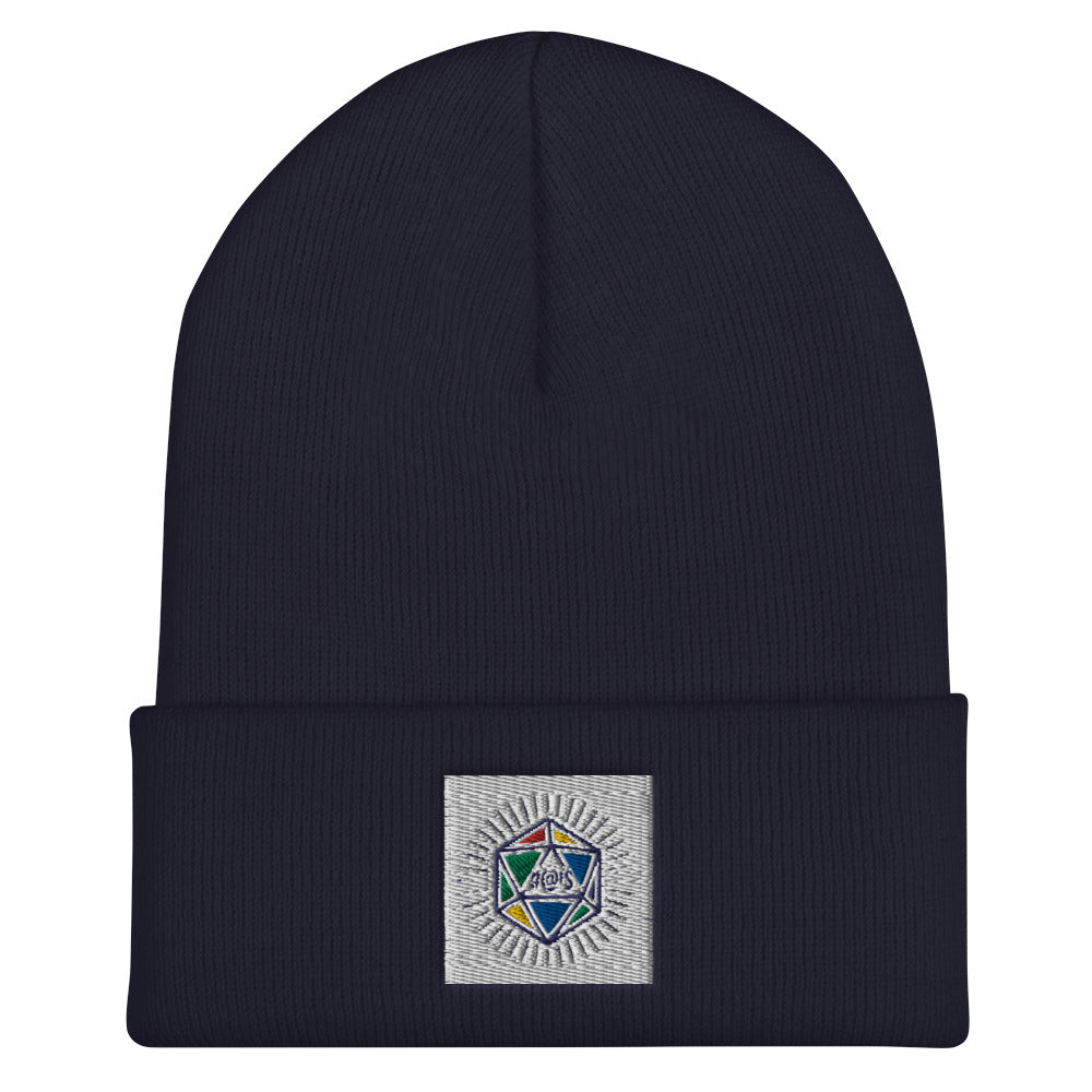 Navy beanie with cuff - on cuff is a colourful die with #@!$ on it