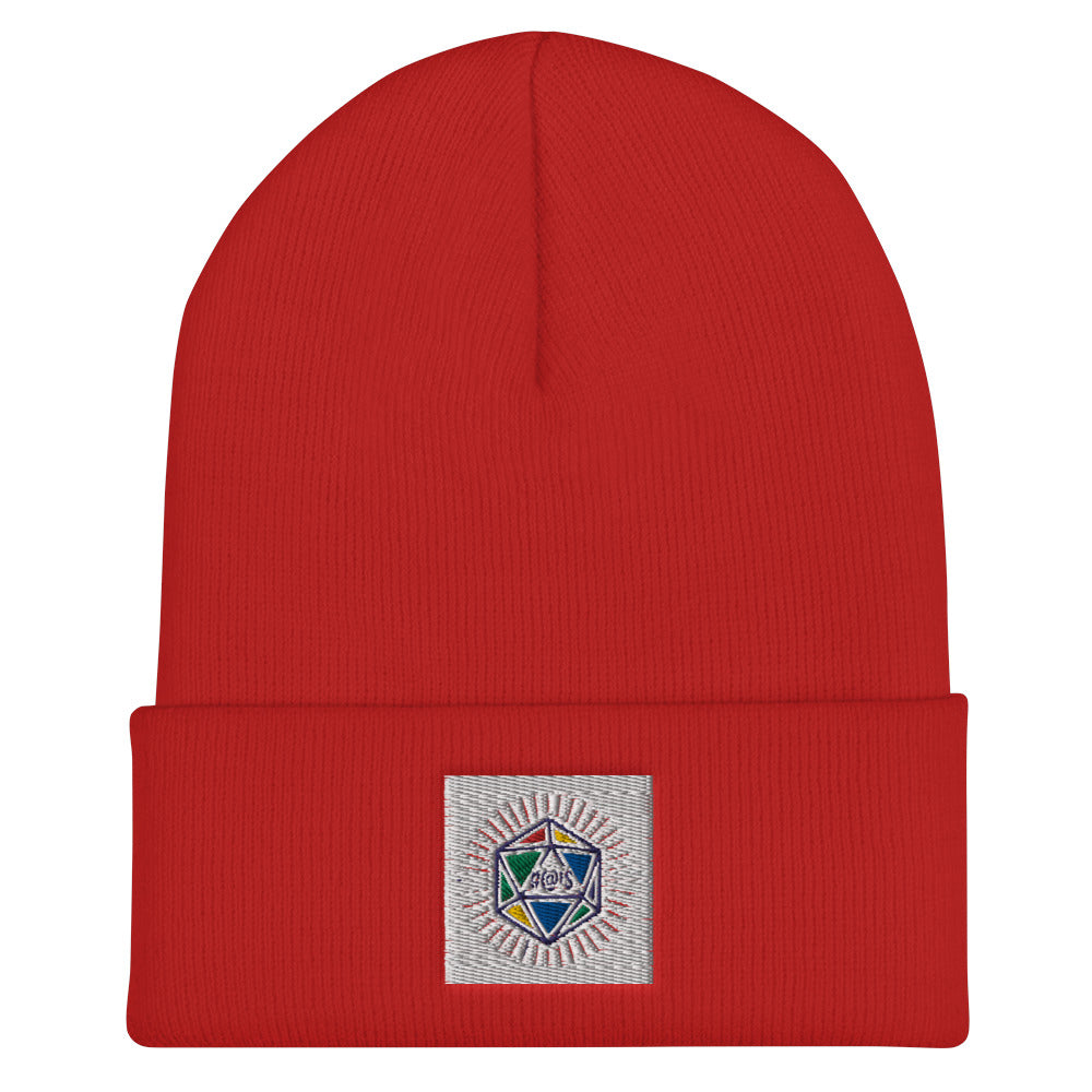 Red beanie with cuff - on cuff is a colourful die with #@!$ on it