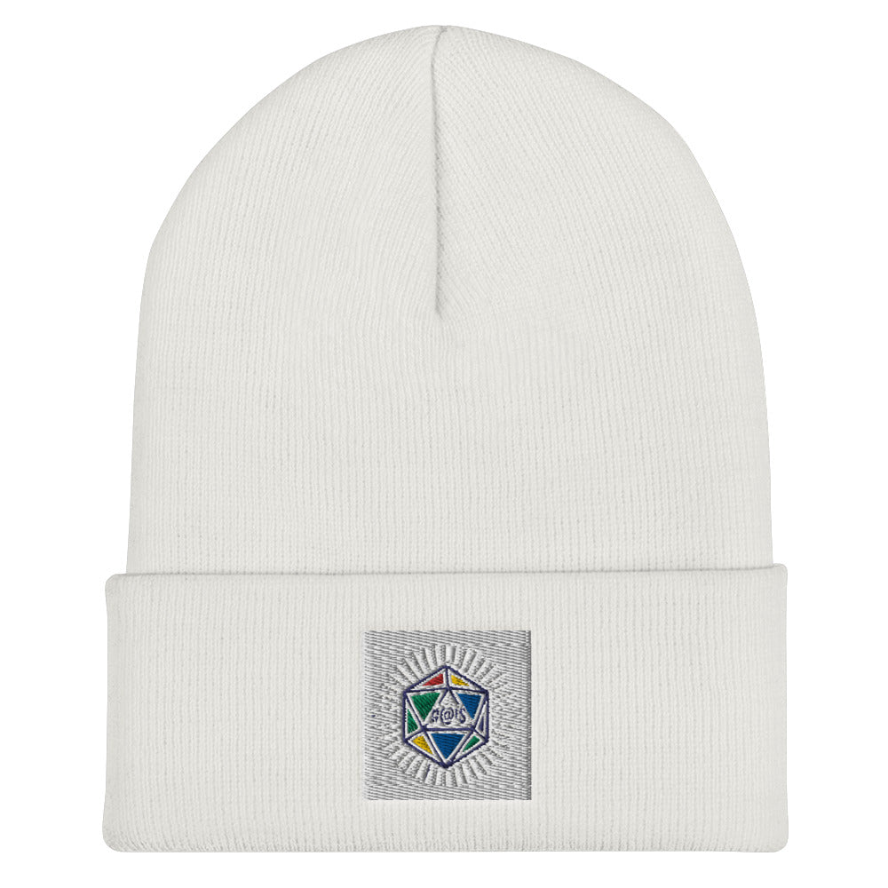 White beanie with cuff - on cuff is a colourful die with #@!$ on it